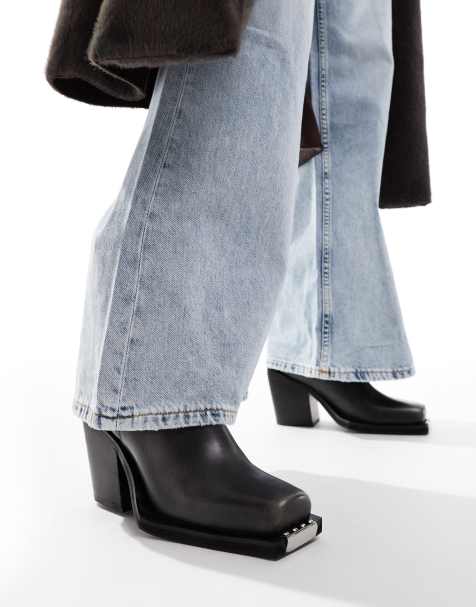 ASOS DESIGN Relax leather toe-clip western boots in black burnish - view 1