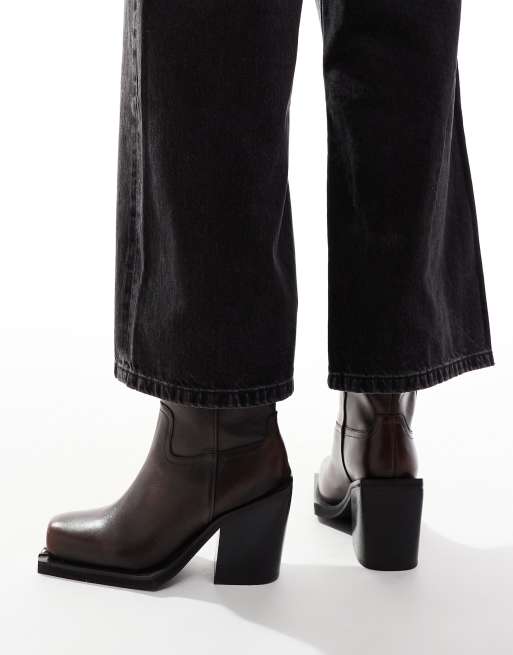 ASOS DESIGN Relax leather toe-clip western boots in brown burnish