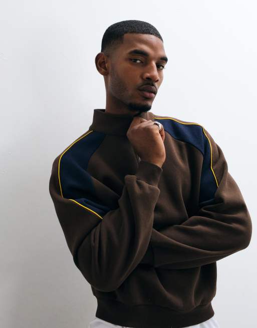 ASOS DESIGN relaxed 1/4-rits met cut-and-sew-panelen en contrasterende bies in bruin, 3 van 5