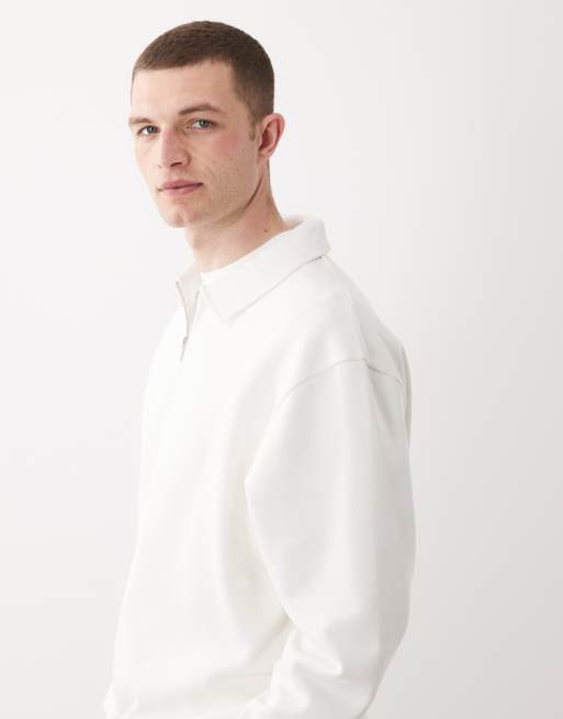 ASOS DESIGN relaxed 1/4 zip sweatshirt with collar in ecru, 4 of 5