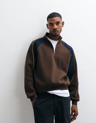Asos Design Relaxed 1/4 Zip With Cut & Sew Panelling And Contrast Piping In Brown