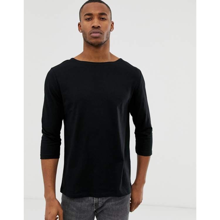 ASOS DESIGN relaxed 3/4 sleeve t-shirt with boat neck in black | ASOS