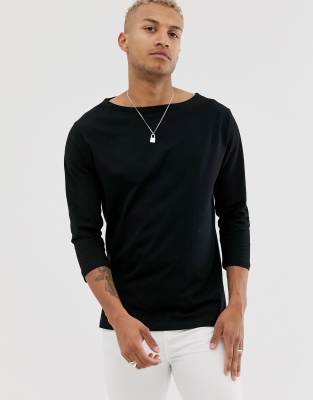 ASOS DESIGN relaxed 3/4 sleeve t-shirt with boat neck in black