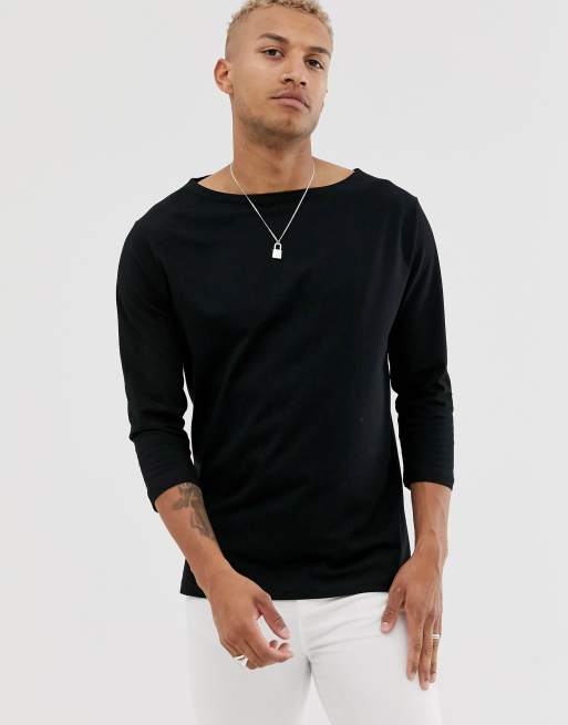 ASOS DESIGN relaxed 3/4 sleeve t-shirt with boat neck in black