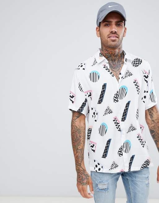 ASOS DESIGN relaxed 80 s style print shirt in white