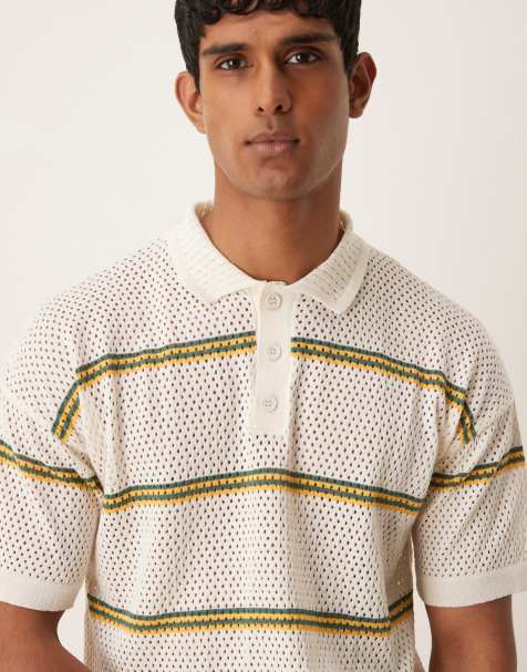 ASOS DESIGN relaxed airtex stripe knitted polo in cream - view 1