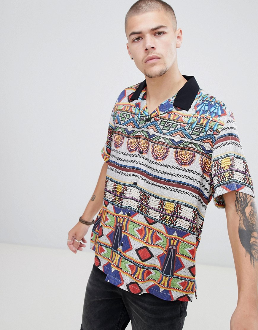 ASOS DESIGN relaxed aztec print shirt with revere collar-Multi
