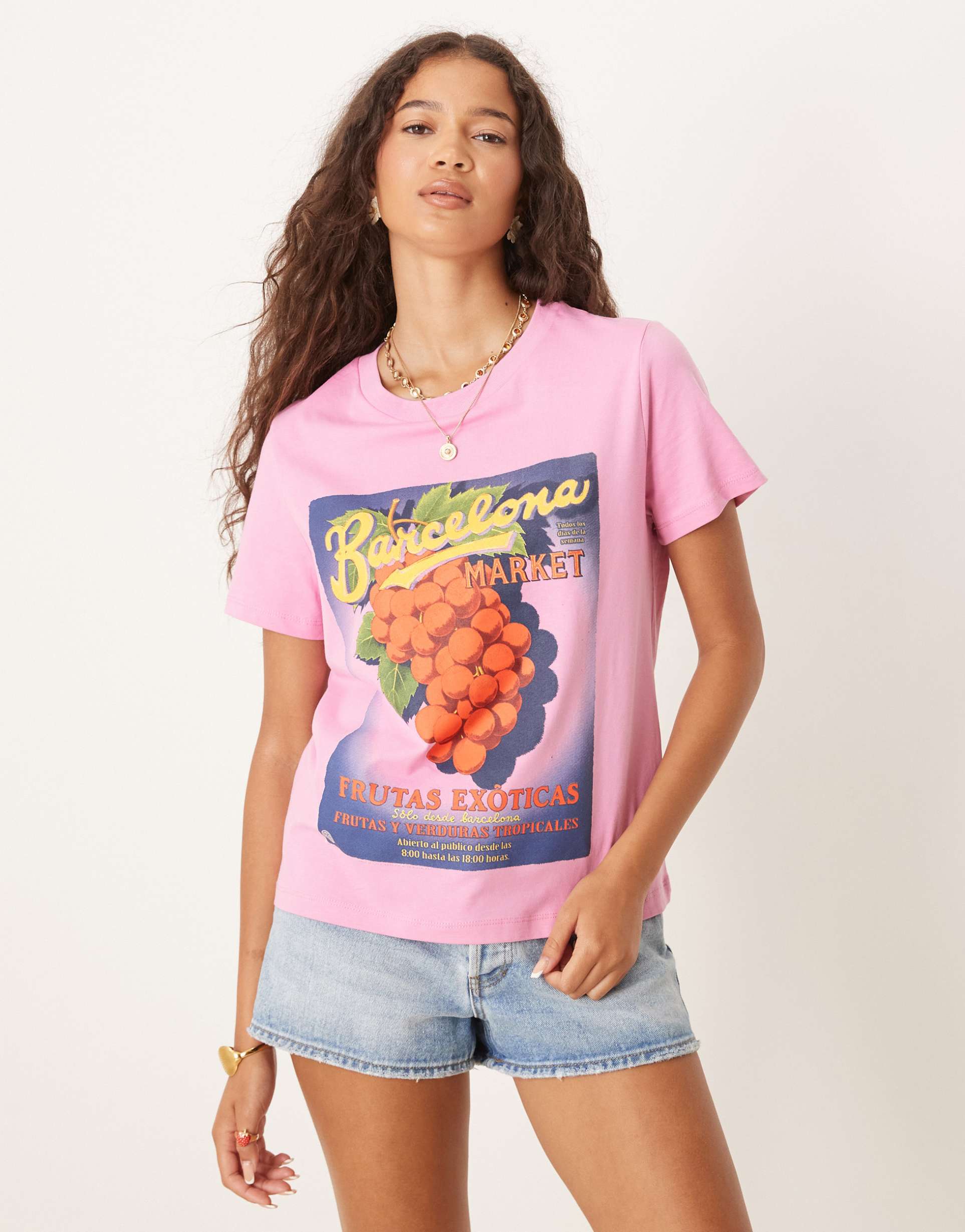 asos design relaxed baby tee with barcelona fruit graphic in pink