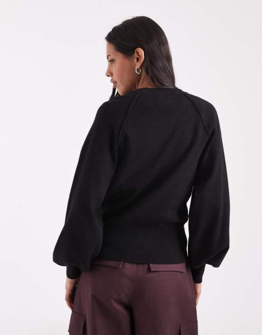 ASOS DESIGN relaxed balloon sleeve crew neck jumper in black, 4 of 4