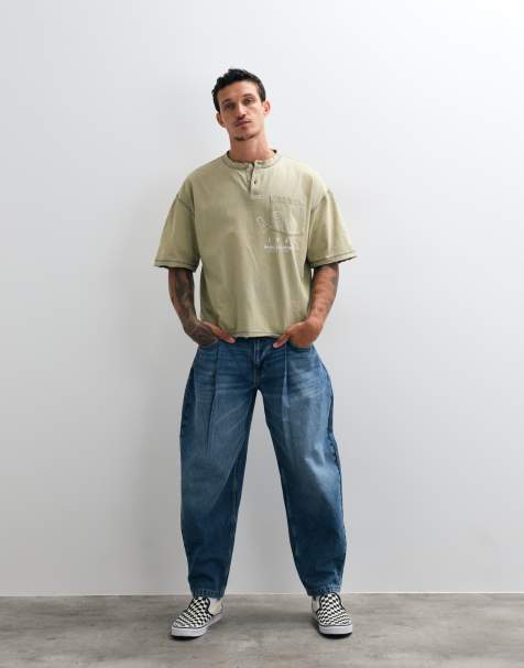 ASOS DESIGN relaxed barrel jean with pleats in mid wash blue - view 1