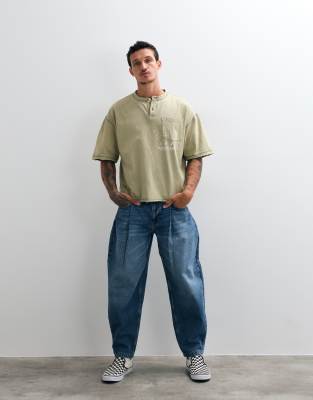Asos Design Relaxed Barrel Jeans With Pleats In Blue