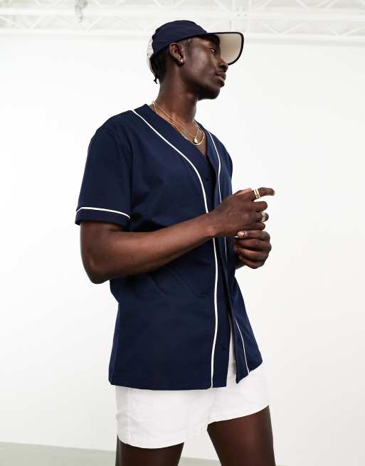 ASOS DESIGN oversized jersey baseball shirt in navy