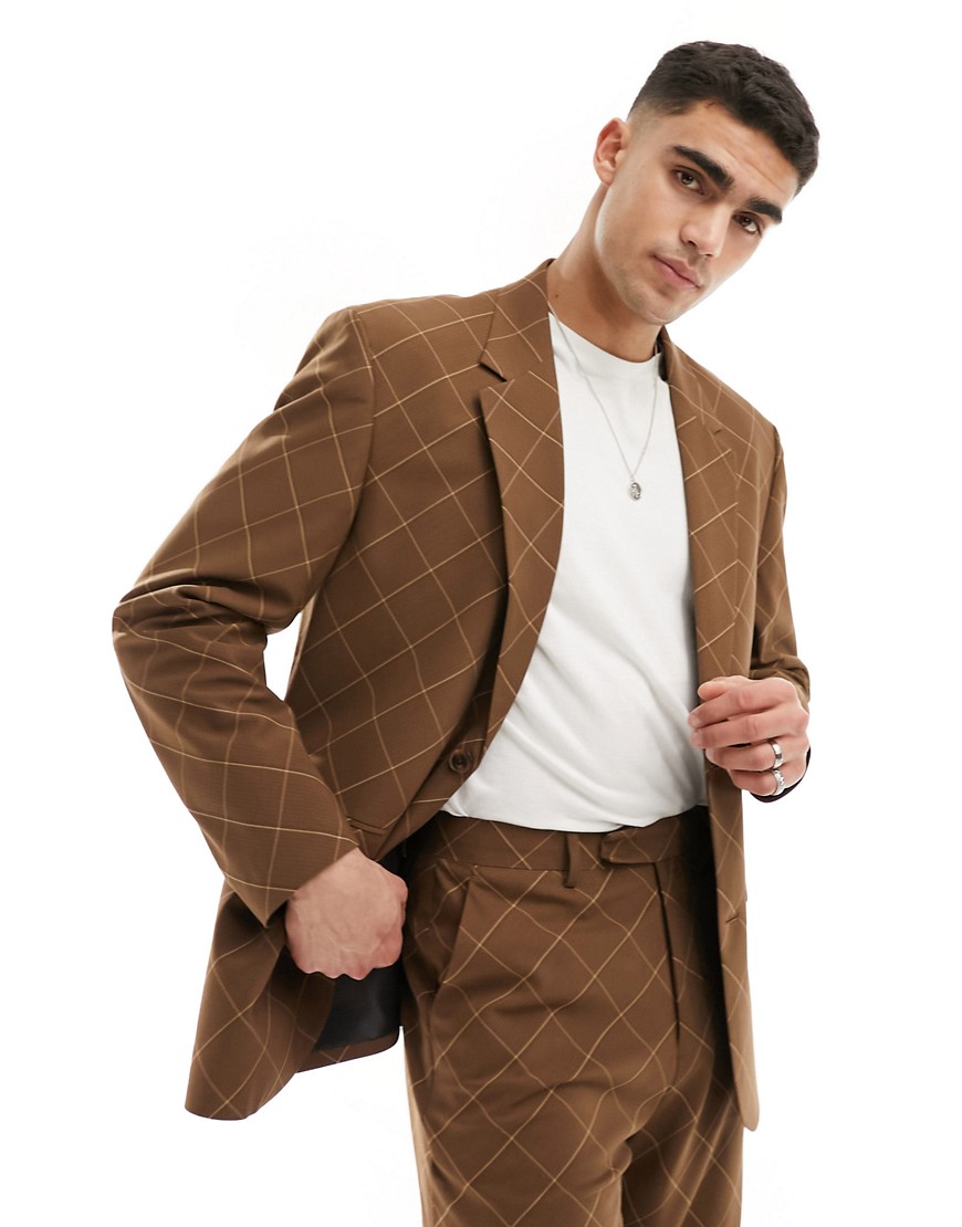 Asos Design Relaxed Bias Cut Plaid Suit Jacket In Brown