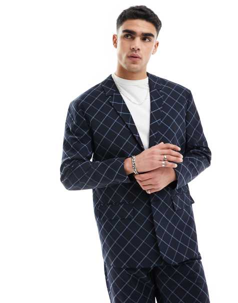 ASOS DESIGN relaxed bias cut plaid suit jacket in navy windowpane - view 1