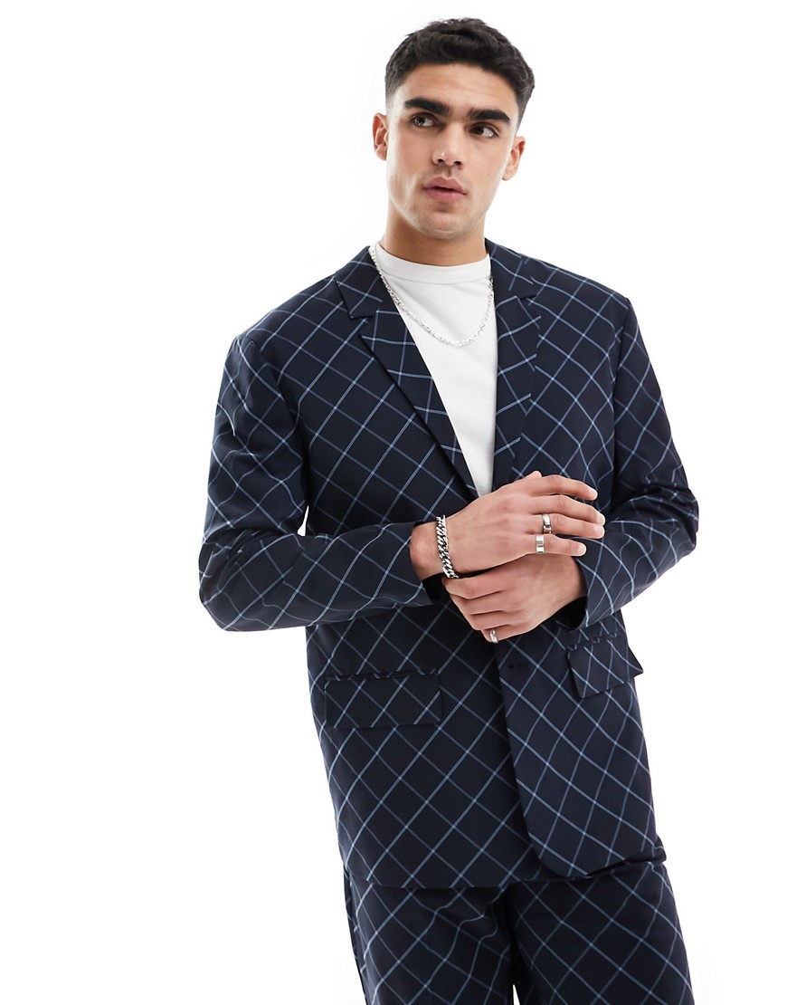 Asos Design Relaxed Bias Cut Plaid Suit Jacket In Navy Windowpane