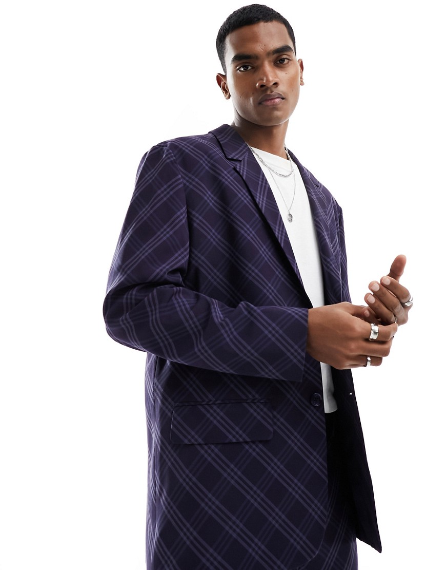 Asos Design Relaxed Bias Cut Plaid Suit Jacket In Navy