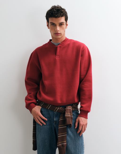 ASOS DESIGN relaxed bomber henley crew met pigmentprint in rood polykatoen, 2 van 5