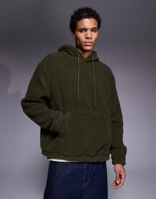 ASOS DESIGN relaxed borg hoodie in dark green