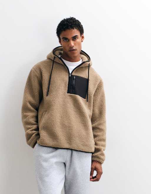 ASOS DESIGN relaxed borg quarter zip hoodie with nylon pockets in beige, 2 of 5