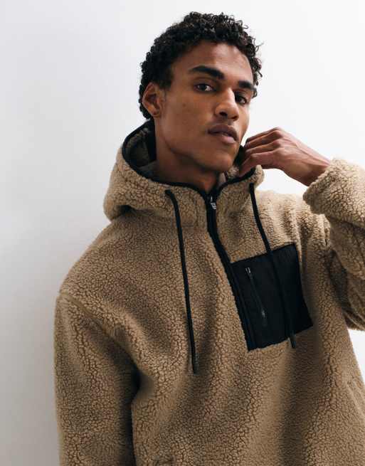 ASOS DESIGN relaxed borg quarter zip hoodie with nylon pockets in beige, 3 of 5