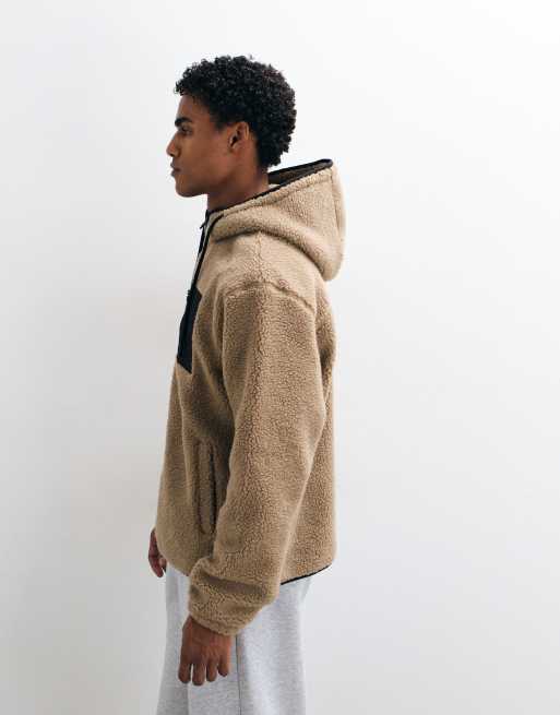 ASOS DESIGN relaxed borg quarter zip hoodie with nylon pockets in beige, 4 of 5