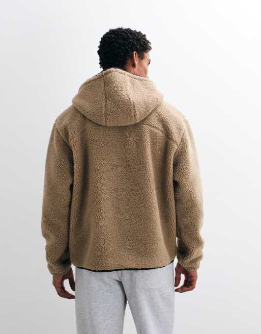 ASOS DESIGN relaxed borg quarter zip hoodie with nylon pockets in beige, 5 of 5