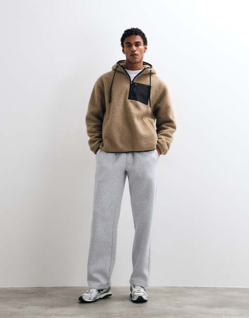 ASOS DESIGN relaxed borg quarter zip hoodie with nylon pockets in beige, 7 of 7