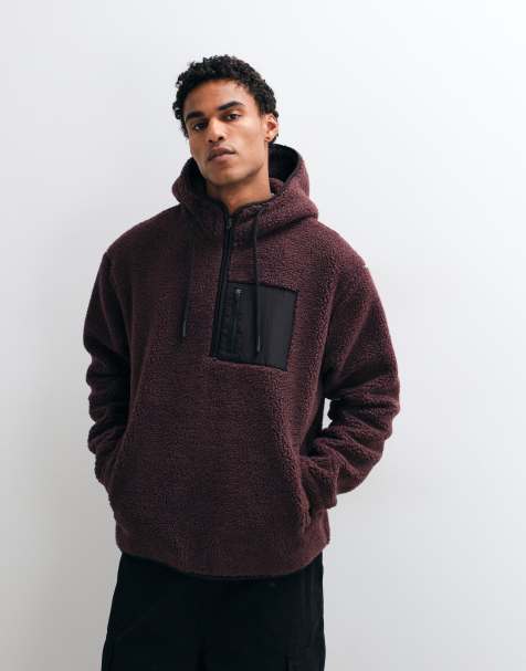 ASOS DESIGN relaxed borg quarter zip hoodie with nylon pockets in brown - view 1