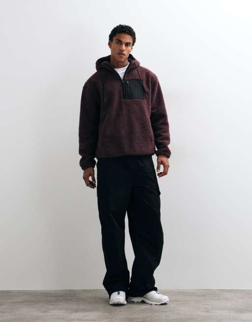 ASOS DESIGN relaxed borg quarter zip hoodie with nylon pockets in brown, 2 of 5