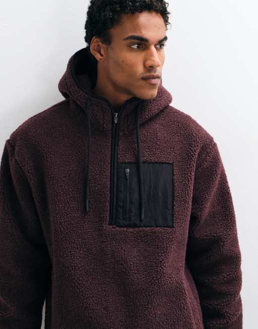 ASOS DESIGN relaxed borg quarter zip hoodie with nylon pockets in brown, 3 of 5