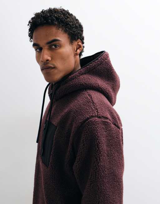 ASOS DESIGN relaxed borg quarter zip hoodie with nylon pockets in brown, 4 of 5