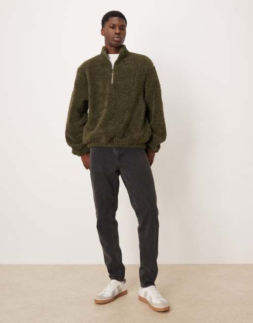 ASOS DESIGN relaxed borg quarter zip in dark green | ASOS