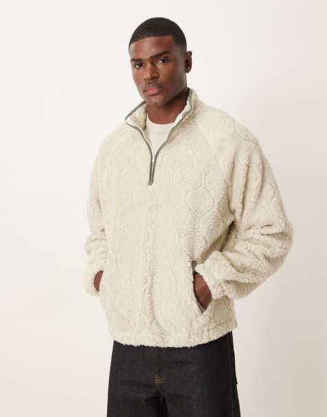 ASOS DESIGN relaxed borg quarter-zip sweatshirt in beige - view 1
