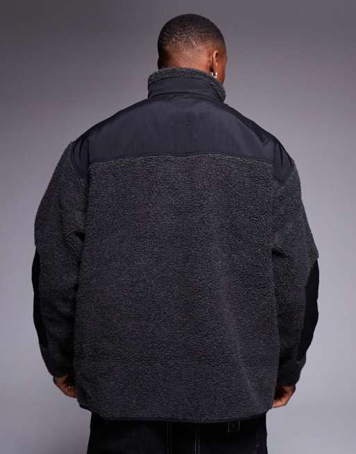 ASOS DESIGN relaxed borg quarter zip sweatshirt with contrast nylon detail in charcoal , 2 of 4