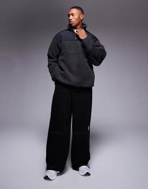 ASOS DESIGN relaxed borg quarter zip sweatshirt with contrast nylon detail in charcoal , 3 of 4