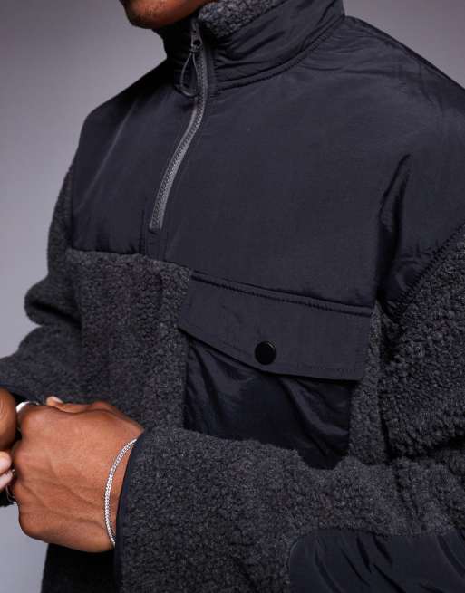 ASOS DESIGN relaxed borg quarter zip sweatshirt with contrast nylon detail in charcoal , 4 of 4