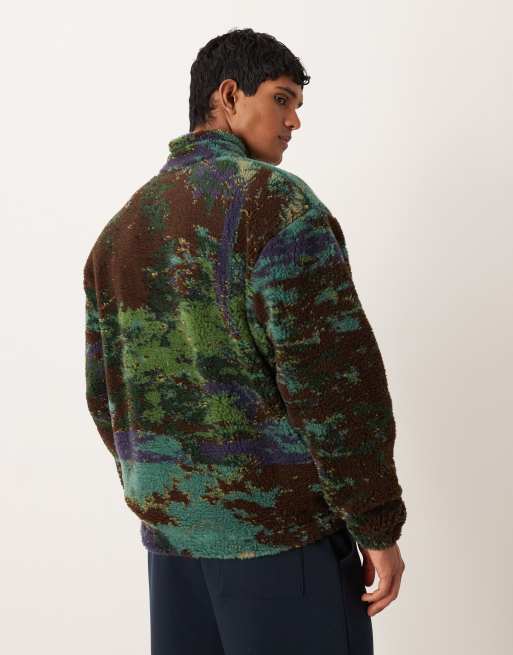 ASOS DESIGN relaxed borg quarter zip sweatshirt with scenic print in green