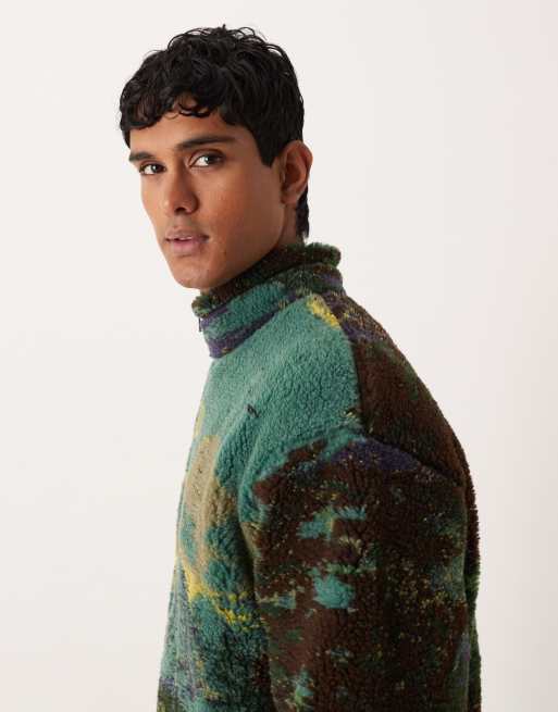ASOS DESIGN relaxed borg quarter zip sweatshirt with scenic print in green