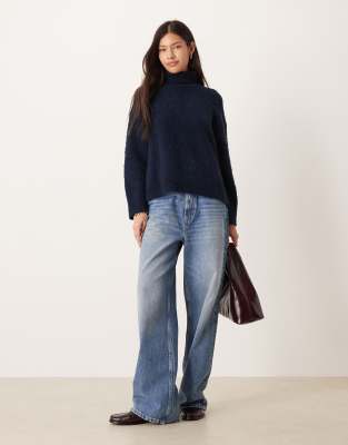 Asos Design Relaxed Boucle Funnel Neck Sweater In Blue