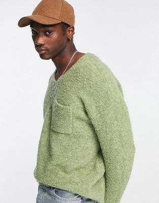ASOS design relaxed boucle jumper with pocket in dark sage