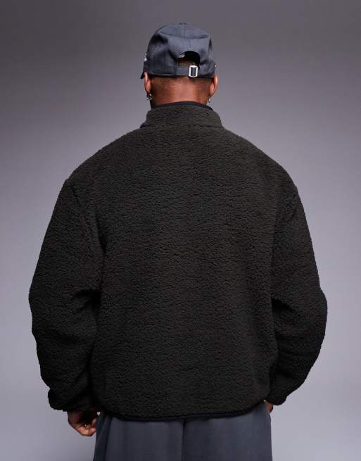 ASOS DESIGN boxy oversized half zip borg sweatshirt in khaki