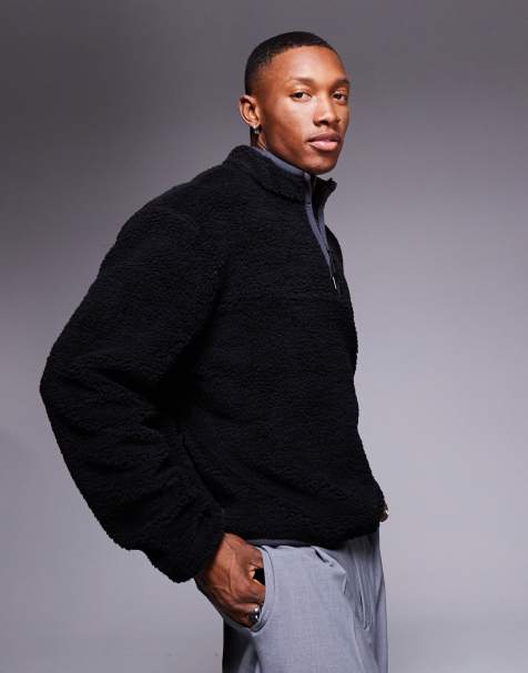 ASOS DESIGN relaxed boxy borg quarter-zip sweatshirt with contrast piping in black - view 1