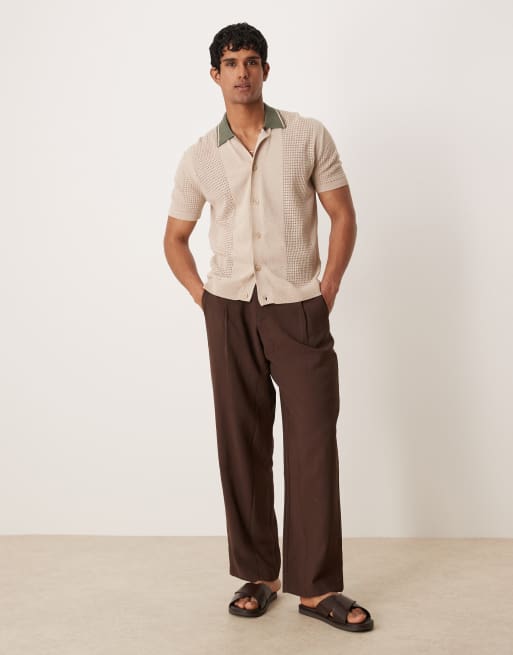 ASOS DESIGN relaxed boxy button through knitted polo with contrast collar in beige, 2 of 4