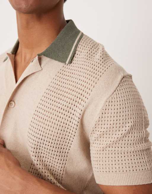 ASOS DESIGN relaxed boxy button through knitted polo with contrast collar in beige, 3 of 4