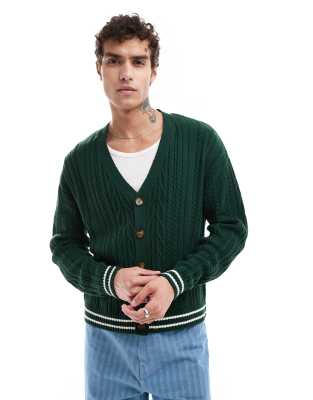 Asos Design Relaxed Boxy Cable Knit Cardigan In Dark Green With Cream Tipping