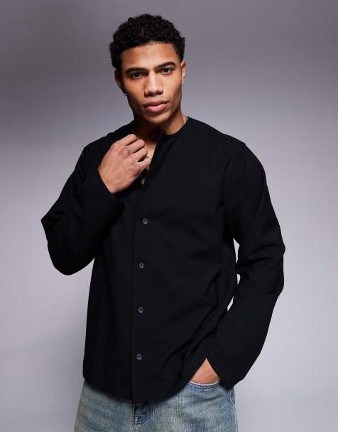 ASOS DESIGN relaxed boxy collarless shirt in black - view 1