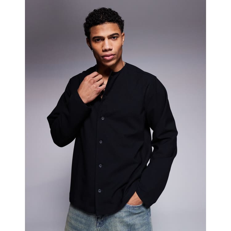 ASOS DESIGN relaxed boxy collarless shirt in black | ASOS