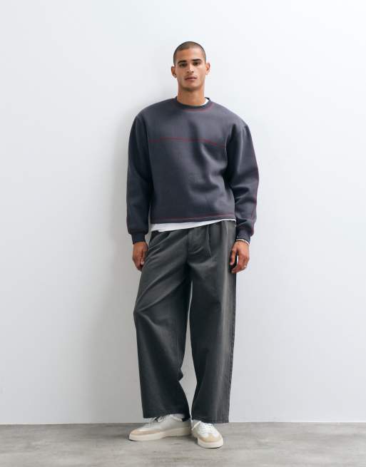 ASOS DESIGN relaxed boxy crew sweatshirt with contrast cover stitch in charcoal, 2 of 5