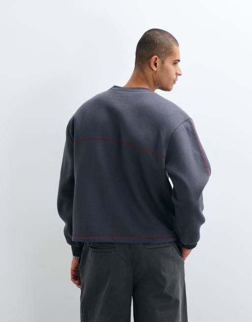 ASOS DESIGN relaxed boxy crew sweatshirt with contrast cover stitch in charcoal, 4 of 5
