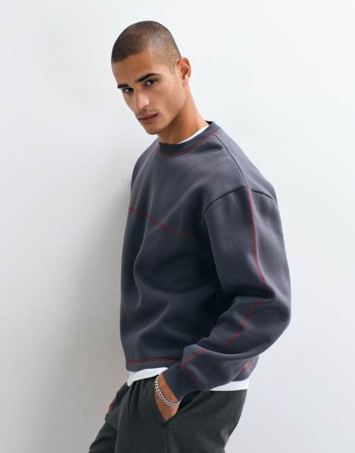 ASOS DESIGN relaxed boxy crew sweatshirt with contrast cover stitch in charcoal, 5 of 5